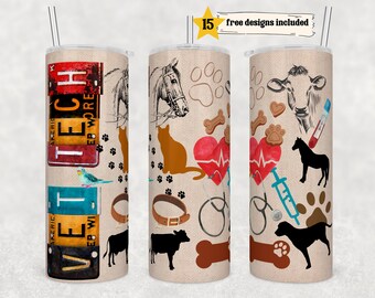 Puede incluir: Tres vasos de acero inoxidable con fondo beige y varias imágenes de animales, símbolos médicos y texto. El texto en el vaso de la izquierda dice "VET TECH".