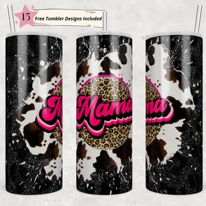 20oz Skinny Tumbler Mama Cow Print Leopard Cheetah Glitter Sublimation Designs Template Straight PNG File Download Retro Design