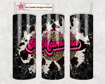 20oz Skinny Tumbler Mama Cow Print Leopard Cheetah Glitter Sublimation Designs Template Straight PNG File Download Design retrò