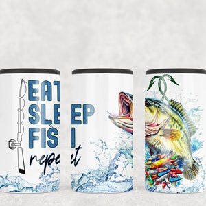 May include: Three white insulated tumblers with different designs. The first tumbler has a blue fishing rod and the text "Eat Sleep Fish Repeat". The second tumbler has a blue and yellow fish jumping out of the water. The third tumbler has a largemouth bass with a hook in its mouth and a variety of fishing lures.