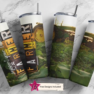 May include: Three stainless steel tumblers with a green tractor and a vintage sign that says "Farmer" in yellow and black letters. The tumblers are on a white marble background.