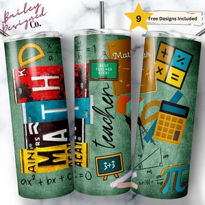 May include: Three stainless steel tumblers with green backgrounds and math-themed designs. The first tumbler features the word "MATH" spelled out with vintage license plates. The second tumbler features the word "teacher" written in cursive with a chalkboard and math equations. The third tumbler features a calculator, protractor, compass, and the mathematical symbol pi.