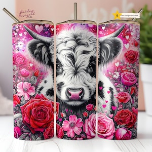 May include: Three stainless steel tumblers with a cow design in black and white, set against a backdrop of pink roses, hearts, and flowers. Each tumbler has a straw and lid. The design includes the text "Bailey Designed Co."
