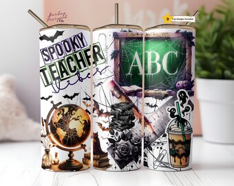 May include: A white tumbler with a spooky teacher theme. The tumbler features bats, a globe, books, and the text "Spooky Teacher Vibes." It also has a chalkboard with the letters "ABC" and a coffee drink.