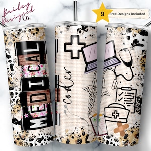Medical Coder 20 oz Skinny Tumbler Sublimation Medical Wrap Design For Straight Tumbler, PNG, Digital, Rustic Collage Design