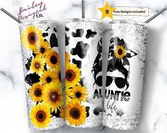 Auntie Life 20 oz Skinny Tumbler Sublimation Design Digital Download PNG Instant DIGITAL ONLY, Sunflower Tumbler, Glitter Cow Print png