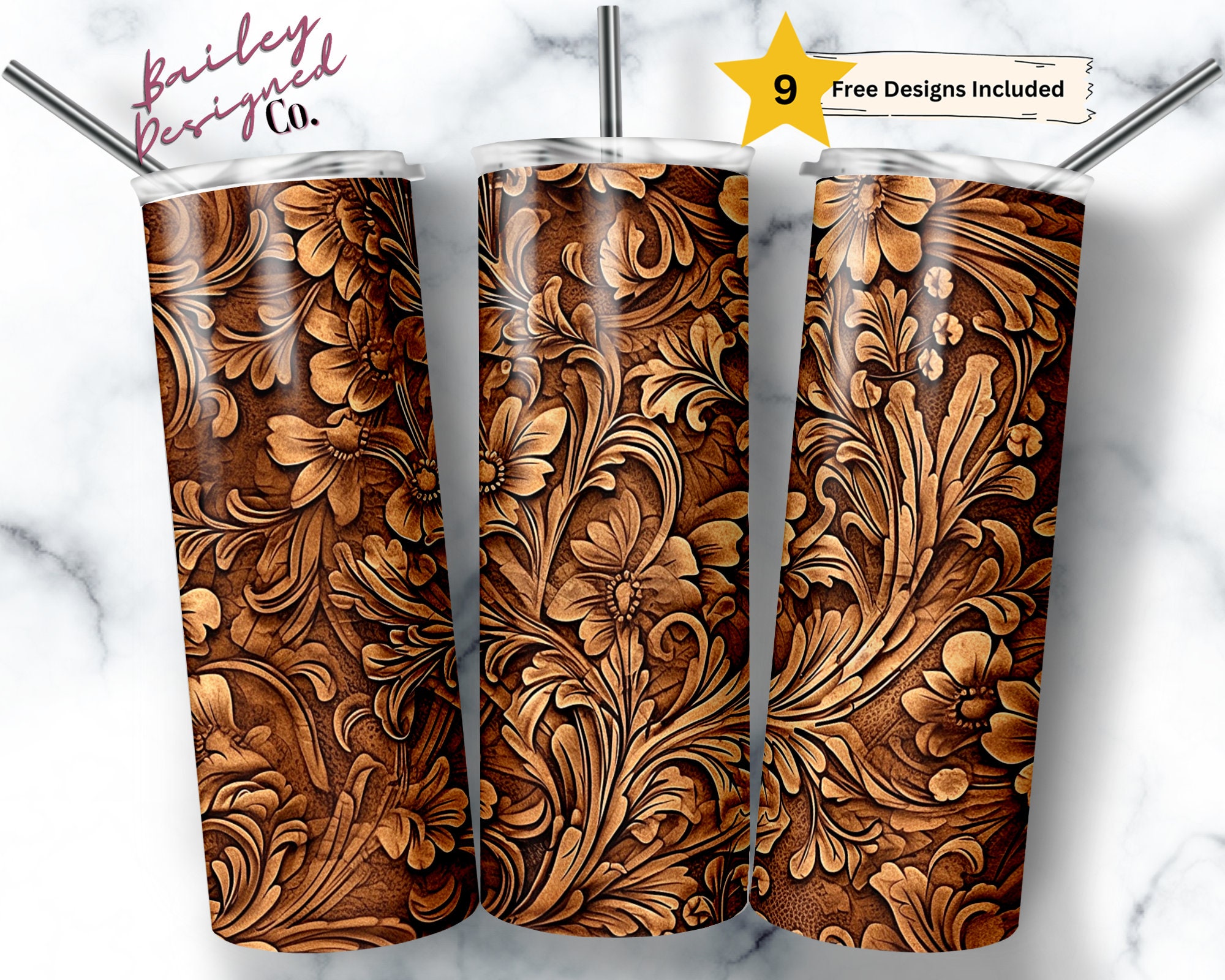 Rustic Tooled Leather 20 Oz Skinny Tumbler Sublimation Design Digital ...