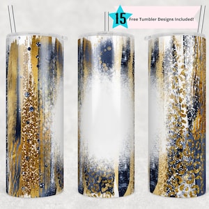 May include: Three stainless steel tumblers with lids and straws. The tumblers feature a gold and blue abstract design with a white background.  The design includes gold glitter and brushstrokes.