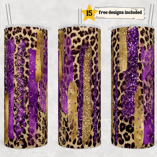 Purple Gold Glitter Brushstrokes, Mardi Gras, Leopard Print, skinny tumblers, digital design, Sublimation Printable Instant Download