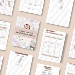May include: A pink and white printable planner for small business owners, featuring a variety of sublimation crafts, including t-shirts, mugs, and tote bags. The planner includes sections for business goals, marketing, and daily tasks.