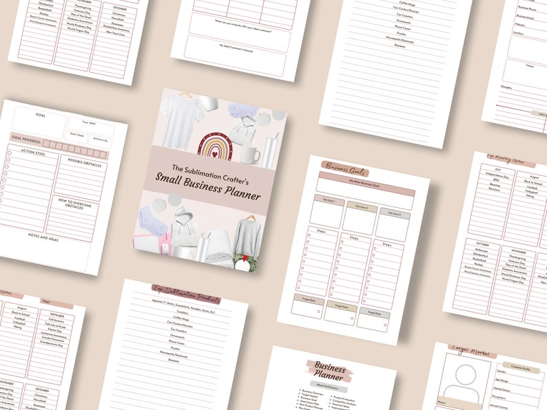 May include: A pink and white printable planner for small business owners, featuring a variety of sublimation crafts, including t-shirts, mugs, and tote bags. The planner includes sections for business goals, marketing, and daily tasks.