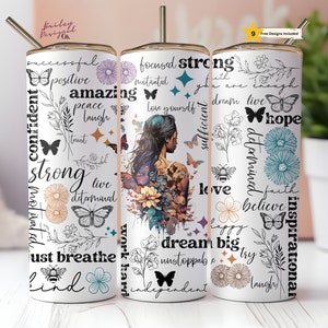 Positive Affirmations 20 oz Skinny Tumbler Sublimation Design Digital Download PNG Instant DIGITAL ONLY, Inspirational Butterfly Tumbler