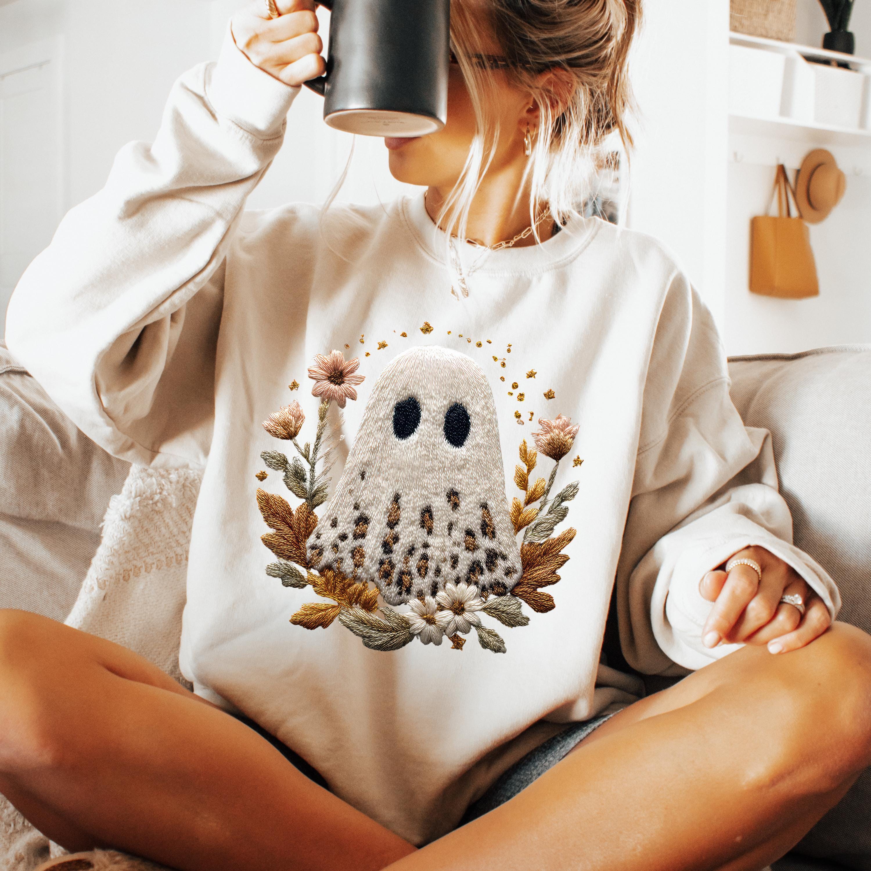 Leopard Print Boho Ghost Sweatshirt, Faux Yarn Floral Ghost Shirt