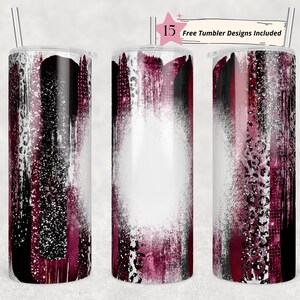Könnte beinhalten: Drei Edelstahlbecher mit weißem Hintergrund und einem Design aus schwarzen, weißen und rosafarbenen abstrakten Pinselstrichen und Leopardenmuster. Die Becher haben ein Fassungsvermögen von 15 oz und einen durchsichtigen Deckel.