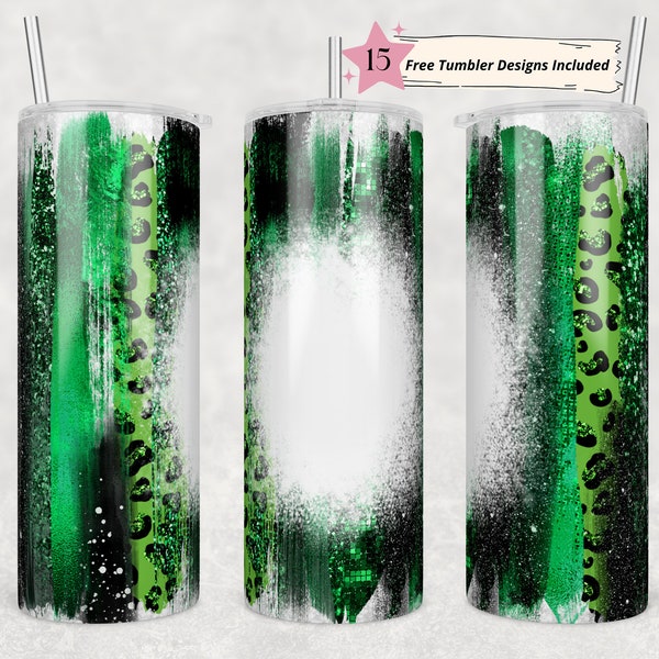 20oz Skinny Tumbler Blank Green Black Leopard Glitter Sublimation Design Templates, Sparkly, Straight PNG Digital Download Brushstokes