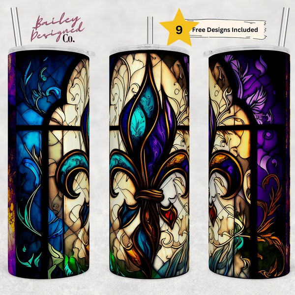 Gebrandschilderd glas Fleur De Lis 20 oz Skinny Tumbler Sublimatie Design Digitale Download PNG Instant ALLEEN DIGITAAL, Mardi Gras Wrap