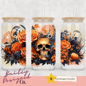 Fall Vibes 16oz Glass Can Wrap - Digital Download Sublimation Design - 16oz Template,  Skull Pumpkin Halloween jar tumbler wrap PNG Design