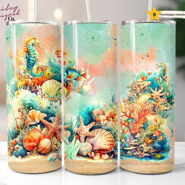 Ocean Scene 20 oz Skinny Tumbler Sublimation Design Digital Download PNG Instant DIGITAL ONLY, Starfish Seashell Beach Lover Tumbler