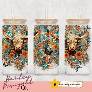 Western Highland Cow 16oz Glass Can Wrap - Digital Download Sublimation Design - 16oz Template,Teal Floral glass jar tumbler wrap PNG Design
