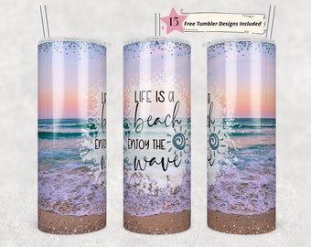 20oz Skinny Tumbler Beach Summer Ocean PNG Sublimation Design Life is a Beach Enjoy the Wave, Sand Glitter Straight PNG Digital Download