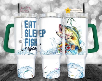 40oz Tumbler Wrap - Eat Sleep Fish Repeat PNG Tumbler Design Sublimation Designs Downloads-Bass Fishing Sublimation Tumbler with Handle Wrap