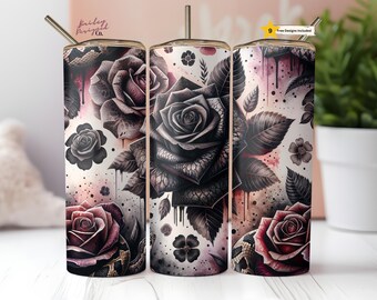 Vaso delgado de 20 oz con diseño floral gótico y rosa negra, diseño de sublimación, descarga digital PNG, solo DIGITAL, envoltura para vaso