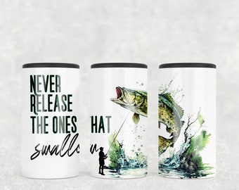 May include: Three white insulated tumblers with black lids. One tumbler features the text "NEVER RELEASE THE ONES THAT SWALLOW". The other two tumblers feature a watercolor illustration of a fish jumping out of the water with a fishing rod and a silhouette of a person fishing.
