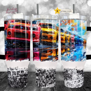 May include: Three stainless steel tumblers with a black handle and a straw. The tumblers feature a design of colorful race cars on a white background with a black and white splatter effect at the bottom.