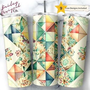 May include: Three stainless steel tumblers with a geometric pattern of colorful triangles and floral designs. The tumblers have a cream background and feature a watercolor-like style.