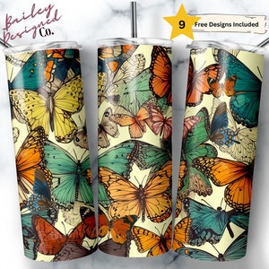 Retro Butterfly 20 oz Skinny Tumbler Diseño de sublimación Descarga digital PNG Instant DIGITAL SOLAMENTE, Vaso de mariposas sin costuras