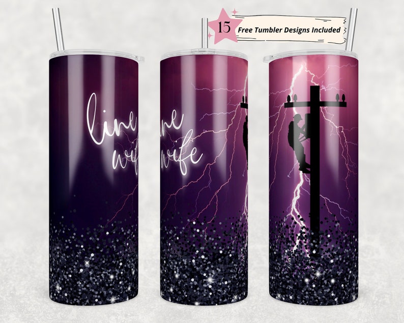 May include: Three stainless steel tumblers with a purple and black glitter design. The tumblers feature a silhouette of a lineman on a power pole with lightning bolts in the background. The text "Line wife" is on the left tumbler.