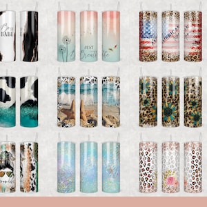 May include: Ten different designs for sublimation tumblers. The designs include cow print, cheetah print, leopard print, glitter, sunflowers, American flag, and more.