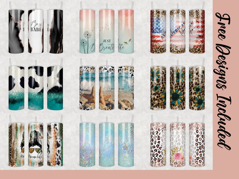 May include: Ten different designs for sublimation tumblers. The designs include cow print, cheetah print, leopard print, glitter, sunflowers, American flag, and more.