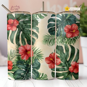May include: Three stainless steel tumblers with a tropical floral design. The tumblers feature red hibiscus flowers and green leaves on a cream background.