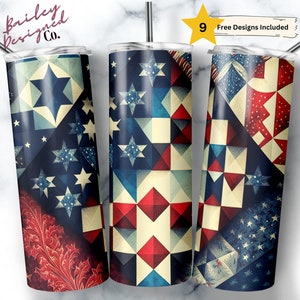 May include: Three stainless steel tumblers with a patriotic design featuring red, white, and blue geometric patterns and stars. The tumblers are 20 ounces each.