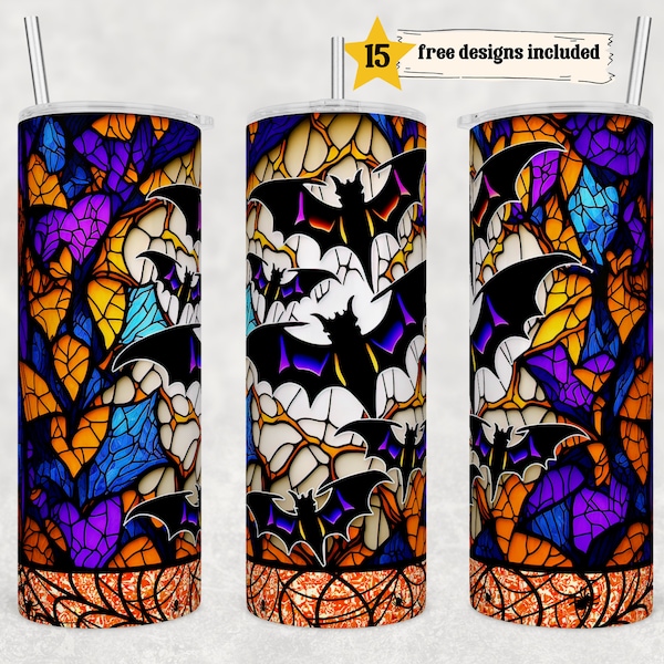 Stained Glass Halloween Bats Tumbler PNG 20 oz Skinny Sublimation Design Digital Download png Instant DIGITAL ONLY, Witchy Gothic Wrap