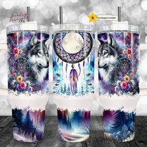 Northern Lights Boho Wolf Dreamcatcher 40 oz Tumbler Sublimation Design Digital Download PNG Instant DIGITAL ONLY, Tumbler with Handle Wrap