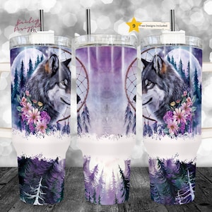Northern Lights Boho Wolf Dreamcatcher 40 oz Tumbler Sublimation Design Digital Download PNG Instant DIGITAL ONLY, Tumbler with Handle Wrap