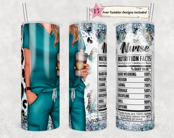 Teal Nurse 20 oz Skinny Tumbler Sublimation Nurse Wrap Diseño para vaso recto, archivo PNG, digital, información nutricional con estampado de brillo de leopardo