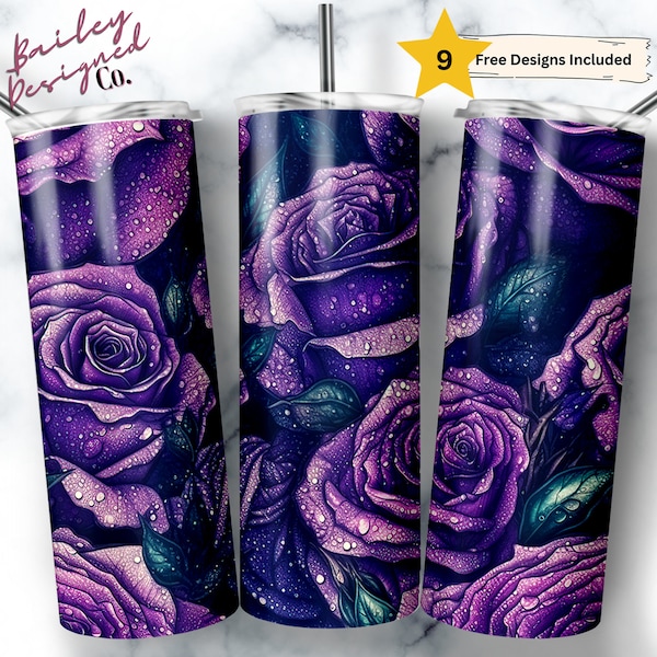 Purple Roses 20 oz Skinny Tumbler Sublimation Design Digital Download PNG Instant DIGITAL ONLY, Floral Rose Tumbler