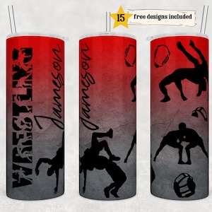 20oz Skinny Tumbler Red Grey Wrestling Ombre Sublimation Designs Template Straight PNG File Download - Add your own name Wrestling Sport
