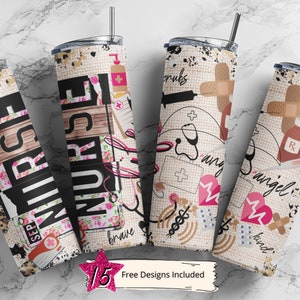 Nurse 20 oz Skinny Tumbler Sublimation Leopard Boho Nurse Wrap Design For Straight Tumbler, PNG File, Digital, Rustic Collage Design