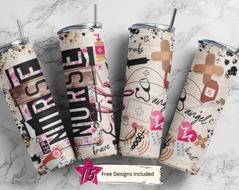 Nurse 20 oz Skinny Tumbler Sublimation Leopard Boho Nurse Wrap Design For Straight Tumbler, PNG File, Digital, Rustic Collage Design