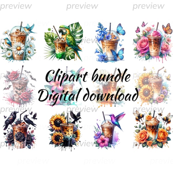 Floral coffee clipart bundle set, Cute Cafe Coffee PNG Designs, Watercolor Flower Coffee Lover Clip Art Set