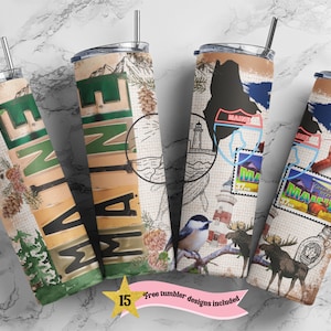 Maine 20oz Skinny Tumbler PNG Sublimation Design, Print Straight PNG File Digital Download, Travel Design, State Collage Design