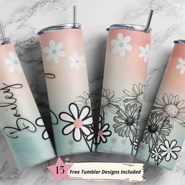 Custom Name Daisy Wrap 20oz Skinny Straight tumbler PNG Instant Download Sublimation Printable Instant Download - Daisies Watercolor