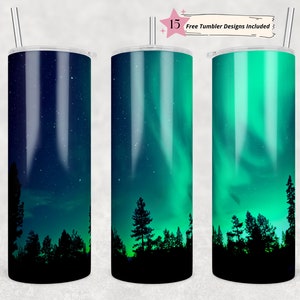 20oz Skinny Tumbler Northern Lights Night Sky PNG Sublimation Design, Forest Template Print Straight PNG File Digital Download