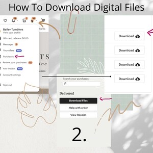 Puede incluir: Una captura de pantalla de un sitio web que muestra c&oacute;mo descargar archivos digitales. El sitio web tiene un fondo verde con un patr&oacute;n de cuadr&iacute;cula blanca. Las instrucciones est&aacute;n numeradas 1, 2 y 3. El sitio web tiene un men&uacute; en el lado izquierdo con opciones como 'Compras', 'Tu impacto' y 'Configuraci&oacute;n de la cuenta'. El sitio web tiene una barra de b&uacute;squeda y un bot&oacute;n que dice 'Descargar archivos'.
