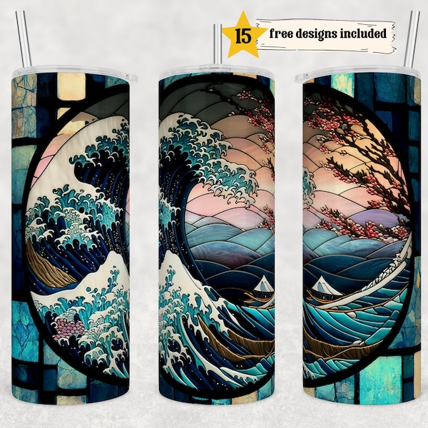 Stained Glass Great Wave of Kanawaga 20 oz Skinny Tumbler Sublimation Design Digital Download PNG Instant DIGITAL ONLY, Ocean Tumbler Wrap