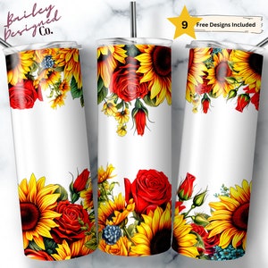 Roses and Sunflower 20 oz Skinny Tumbler Sublimation Design Digital Download PNG Instant DIGITAL ONLY, Seamless Floral Tumbler